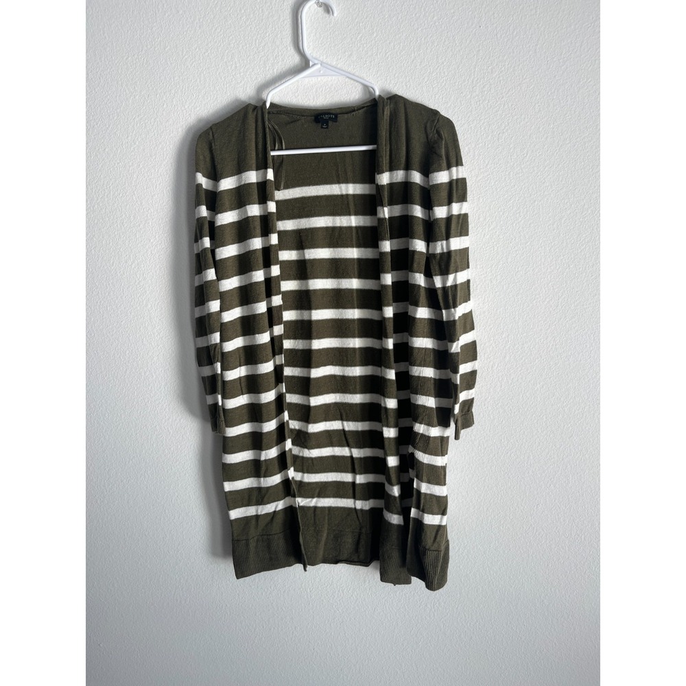 Talbots Cardigan Sweater Women Petite Small Olive Green White Striped Open Front